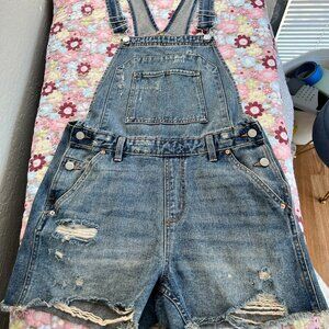 Distressed Denim Short Overalls — Medium Wash, Frayed Hem